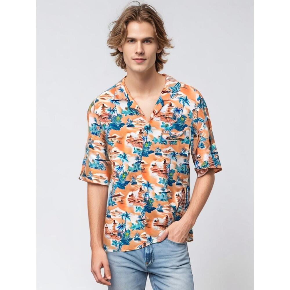 Tropical Storm Men's‎ 3XL Hawaiian Shirt Orange Blue Beach Print Casual